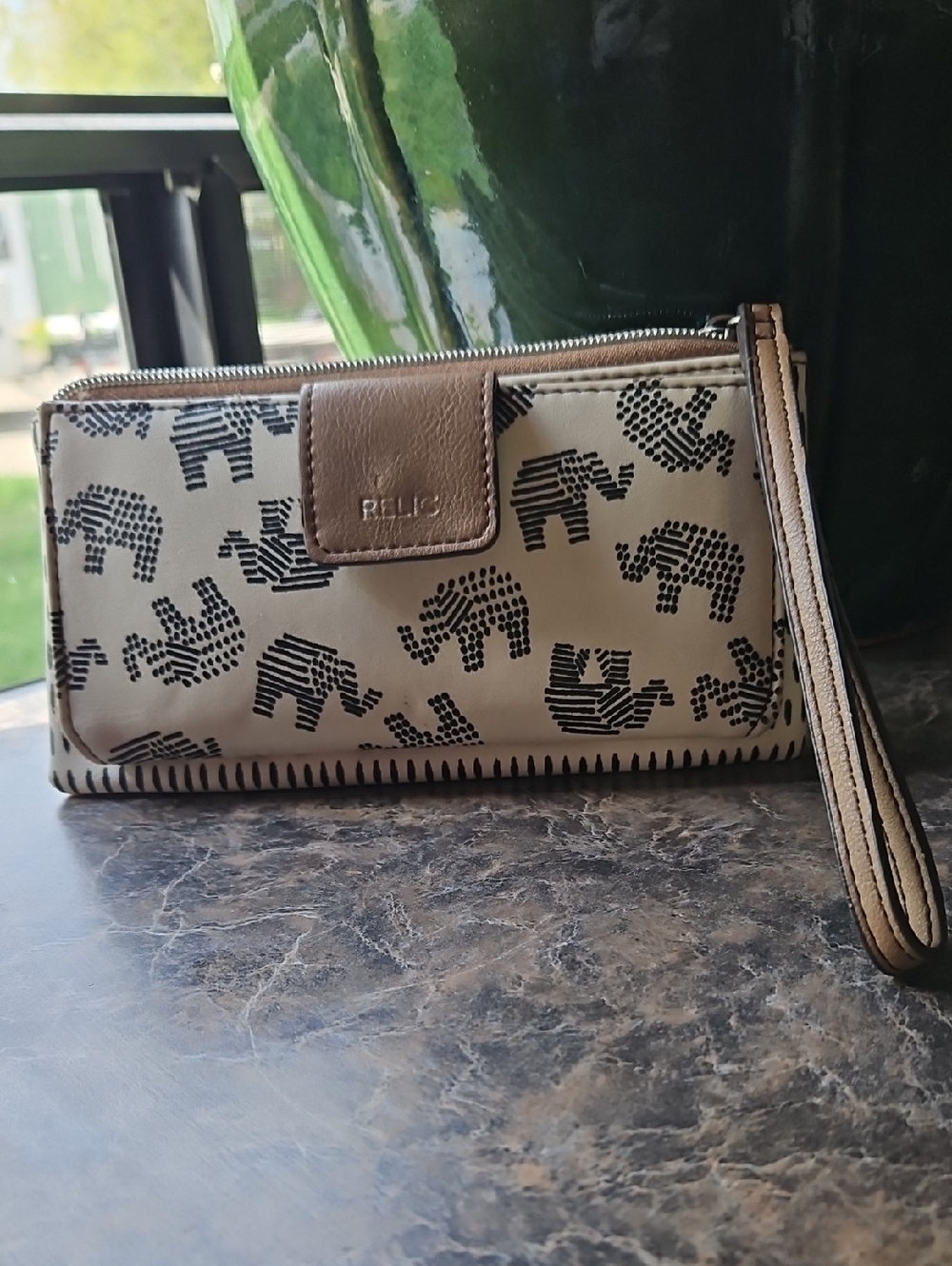 Relic Cream and Brown Elephant Pattern Wristlet
